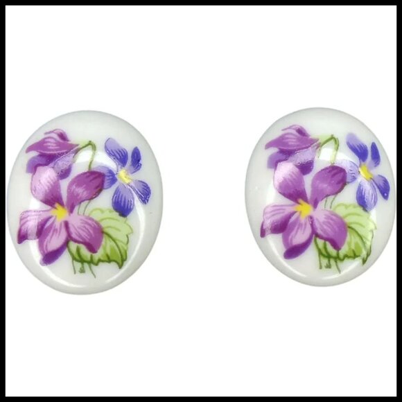 Vintage Floral Post Back Earrings, Flower Decal On Porcelain - Picture 3 of 15